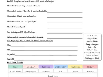 A1 ESL School Subjects Worksheets | Likes & Dislikes, Timetable Reading