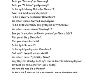 TAFLEN WAITH BLWYDDYN 6: Ffeitihiau ar fisoedd y flwyddyn: rhestr o gwestiynnau