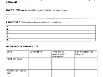 Lab worksheet on comparing plant cell and animal cell