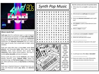 Synth Pop Music Worksheet (Cover Lesson)
