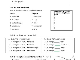 Y7 French cover worksheet La nourriture