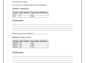Relative Atomic Mass Worksheet (AQA, GCSE)