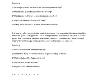 Sports,Health & Fitness- French KS3