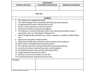 GCSE English Language: Unit 4 A Personal Writing - Feedback form