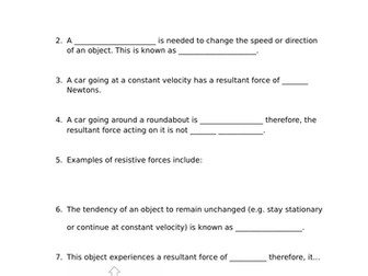 Newton's First Law of Motion Worksheet