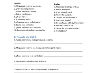 Reserving a table in a restaurant - worksheet