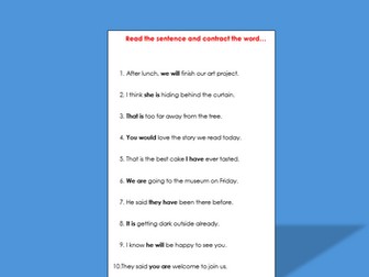 Apostrophes for Contractions – In Sentences (Context-Based Practice)