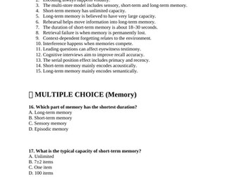 GCSE Psychology - Memory - Paper 1 - Quiz with Answers (AQA)