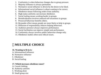 GCSE Psychology - Paper 2 - Social Influence - Quiz with Answers (AQA)