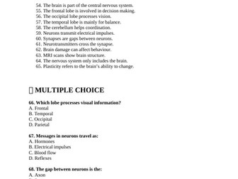 GCSE Psychology - Brain and Neuropsychology - Paper 2 - Quiz with Answers (AQA)