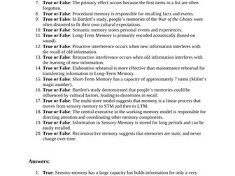 GCSE Psychology (AQA) Memory True or False Questions with Answers