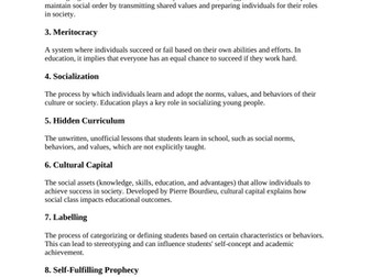 Sociology Education Key Terms Glossary | Definitions & Revision Dictionary | AQA/WJEC A-level GCSE