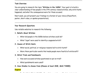 Witches in the 17th Century – Historical Research Task