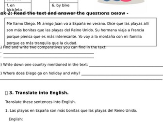 GCSE Spanish (AQA) Mis vacaciones revision / homework sheet