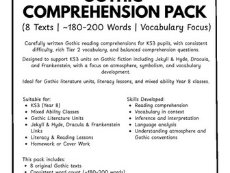 KS3 Gothic Comprehension Pack (Year 8) – 8 Texts, Jekyll & Hyde, Dracula & Frankenstein Links