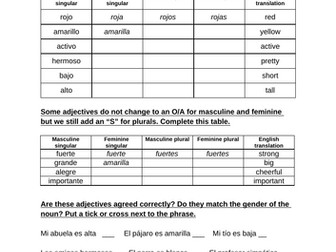 Spanish Adjectival Agreement Worksheet with accompanying powerpoint KS3