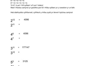 MATHEMATEG Blwyddyn 8: Indecsau - taflen waith (gydag atebion)