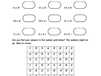 1,2 and 3 times tables Number Search Puzzle