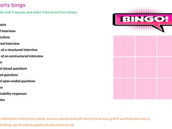 A-Level Psychology fun activity - Bingo activity - Retrieval - Quiz