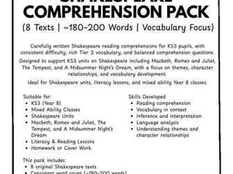 KS3 Shakespeare Reading Comprehension Pack – 8 Texts (Macbeth, Romeo & Juliet, Tempest)