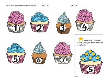 Cupcakes matching amounts to numerals 1-7 week 10 compatible with Mastering Number