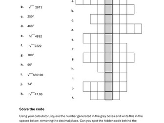 Acrostic Code Puzzle- Squared, Cubed Numbers and Roots