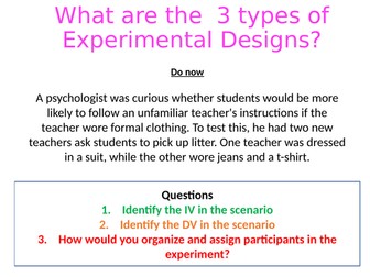 What are the experimental designs? Psychology - Research Methods (A01, A02 and A03)