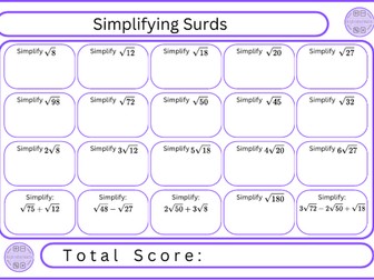 Simplifying Surds - 20 Questions