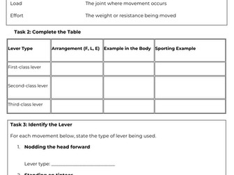 AQA GCSE PE- Levers Worksheet