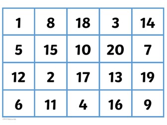Numbers 1 - 20 bingo cards