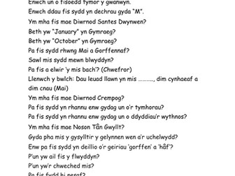 ADNODD ATHRAWON BLWYDDYN 6: Ym mha fis..?" Rhestr eang o gwestiynau