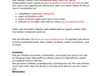 TAFLEN ADOLYGU: GWYDDONIAETH (Cemeg) Blwyddyn 8 Metelau ac Anfeltelau