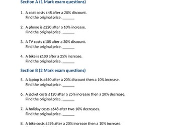 FREE GCSE Maths Worksheet – Exam Practice Reverse Percentages