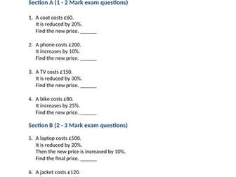 FREE GCSE Maths Worksheet – Exam Practice Percentage Increase and Decrease