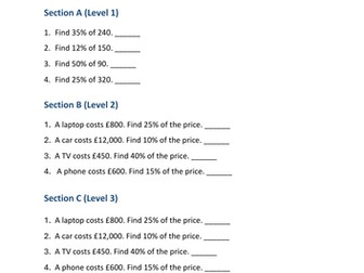FREE GCSE Maths Worksheet – Exam Practice Percentage of Amounts