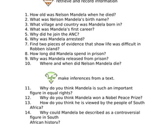 Differentiated Nelson Mandela Reading Comprehension Year 5/6 Black History Month
