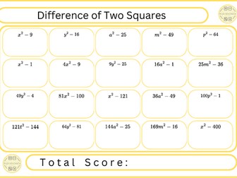 Difference of Two Squares - 20 Questions