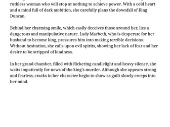 Lady Macbeth Character Description- Model Text, Sentence Starters & Success Criteria