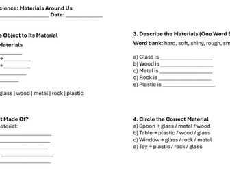 Year 1 Science: Materials Around Us Lesson 1 Worksheets
