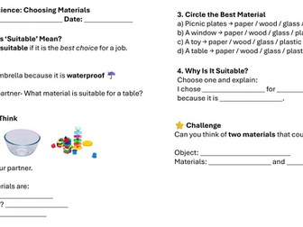 Year 1 Science: Choosing Materials Lesson 5 Worksheets