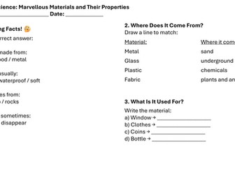 Year 1 Science: Marvelous Materials and Their Properties Additional Lesson 2 Worksheets