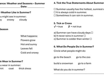 Year 1 Science: Weather and Seasons – Summer Lesson 3 Worksheets