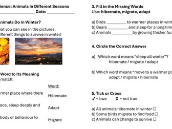 Year 1 Science: Animals in Different Seasons Lesson 5 Worksheets