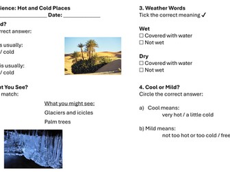 Year 1 Science: Hot and Cold Places Lesson 6 Worksheets