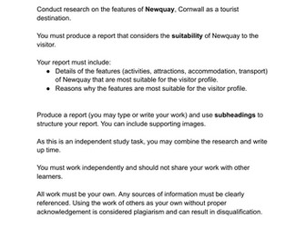T&T BTEC task 3a practice task NEWQUAY FOOD TOURISM BLIND