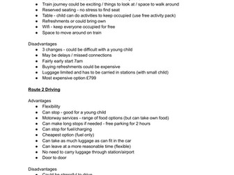 T&T BTEC task 3b route options notes adv and disadv