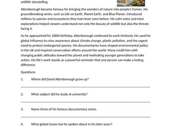 David Attenborough Reading Comprehension for KS1, LKS2 and UKS2