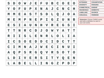 Families and Households wordsearch