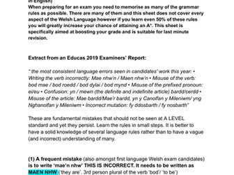 A LEVEL WELSH SECOND LANGUAGE "Cheat Sheet" last minute grammar revision sheet