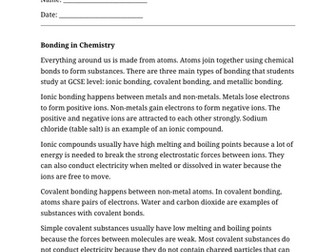 Bonding Comprehension GCSE Chemistry